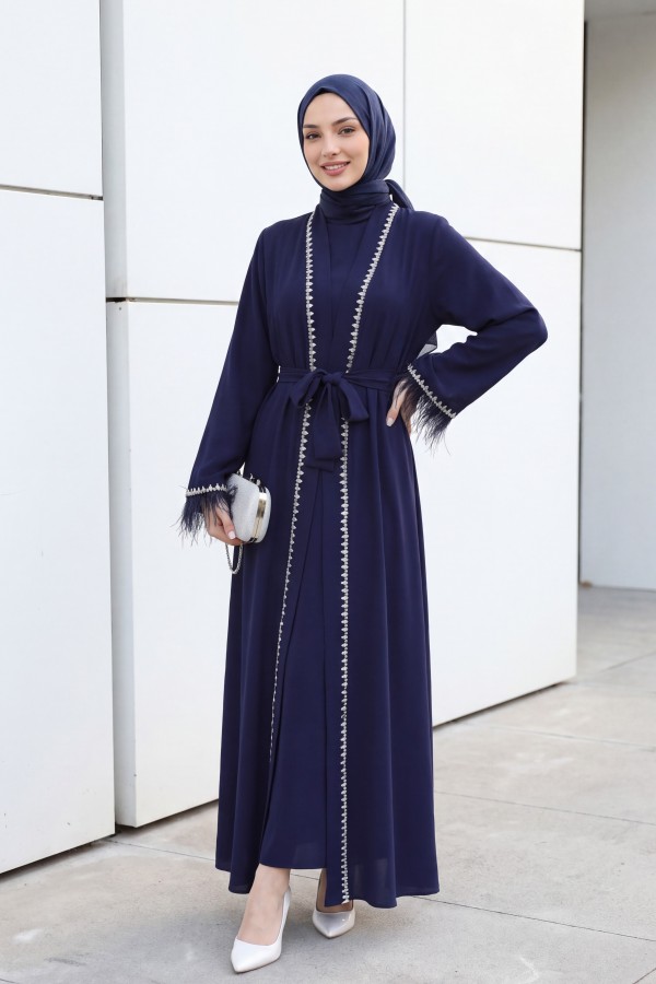 Abaya with Feathered Sleeves and Row of Stone Details, and Belt  -Navy blue