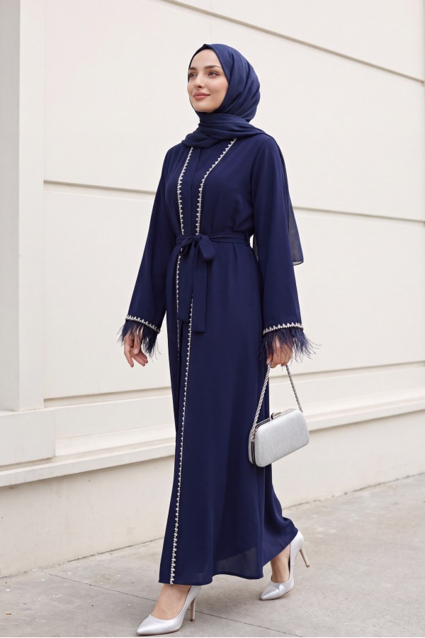 Abaya with Feathered Sleeves and Row of Stone Details, and Belt  -Navy blue