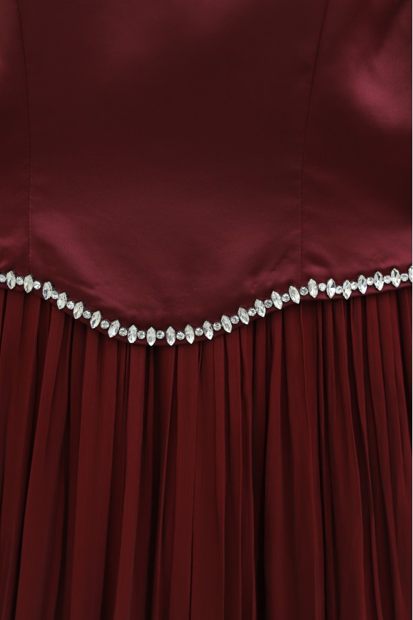 Satin Top, Shimmering Chiffon Bottom with Stone Details and Ruffles  -Maroon