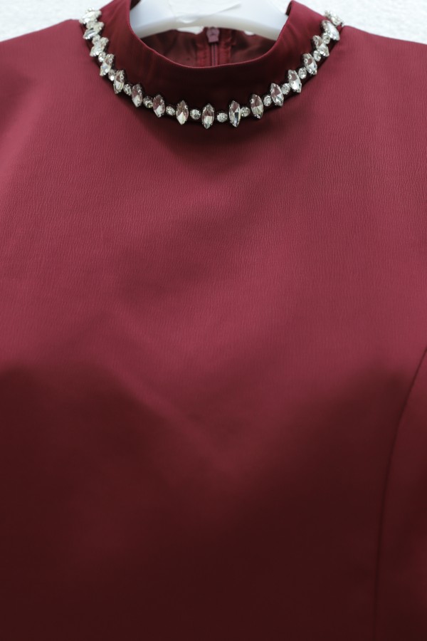 Satin Top, Shimmering Chiffon Bottom with Stone Details and Ruffles  -Maroon