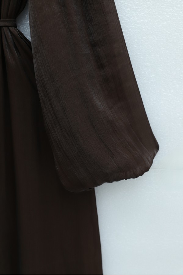 Belted, Elasticated Sleeve, Lined, Shimmering Evening Dress -Brown