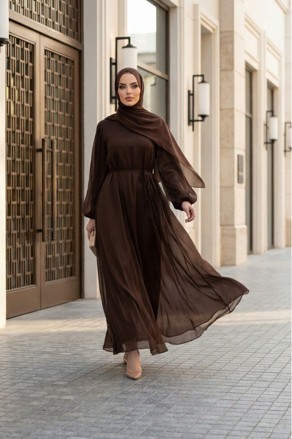 Belted, Elasticated Sleeve, Lined, Shimmering Evening Dress -Brown
