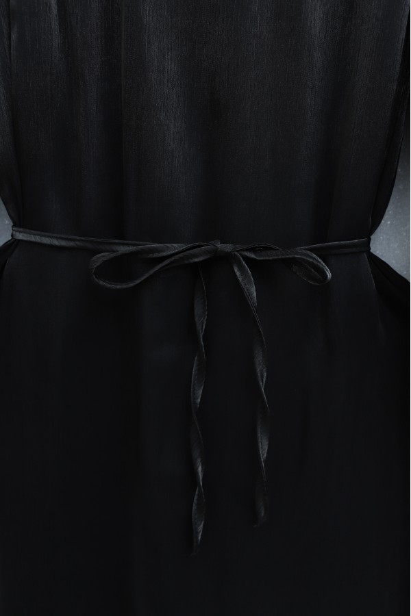 Belted, Elasticated Sleeve, Lined, Shimmering Evening Dress -Black