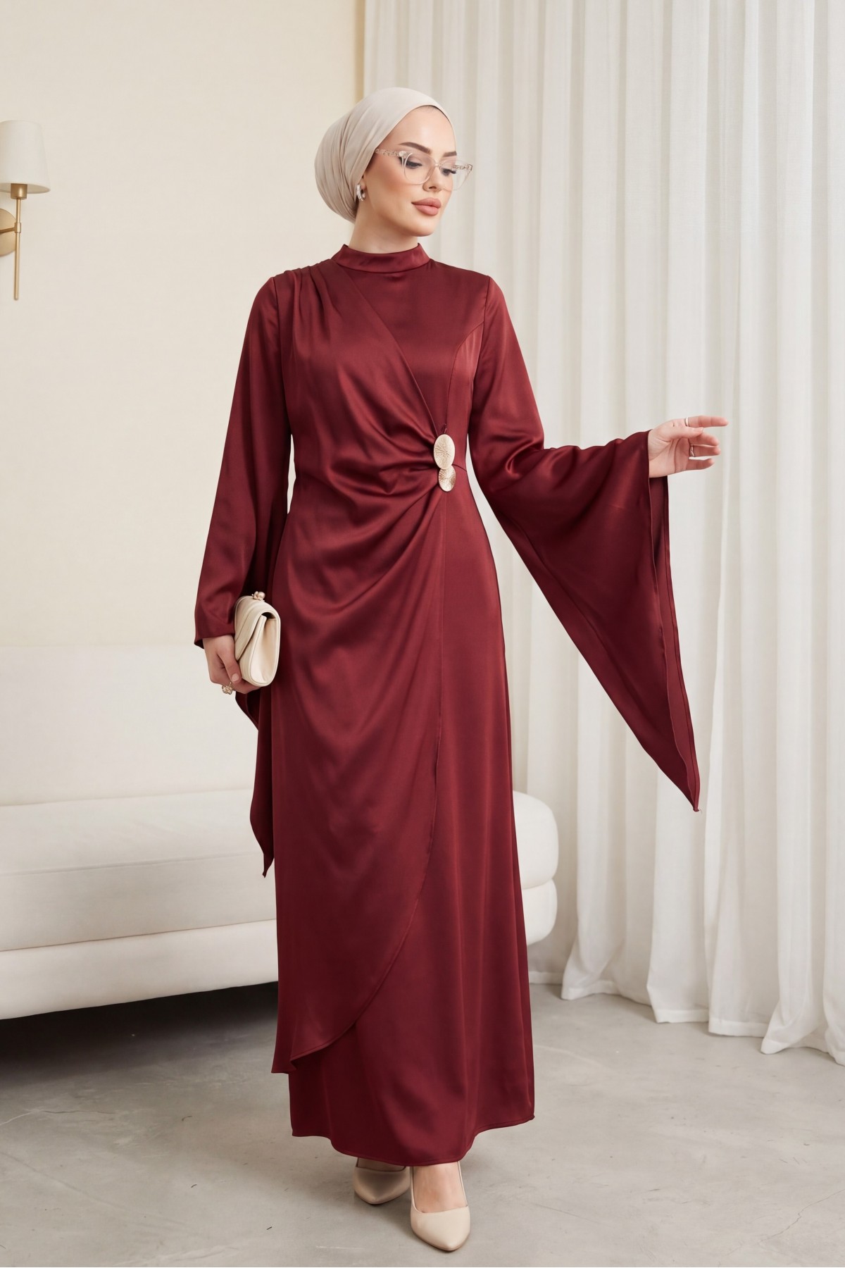 Buckle Detailed Double Front Asymmetrical Sleeve Satin Evening Dress -Maroon
