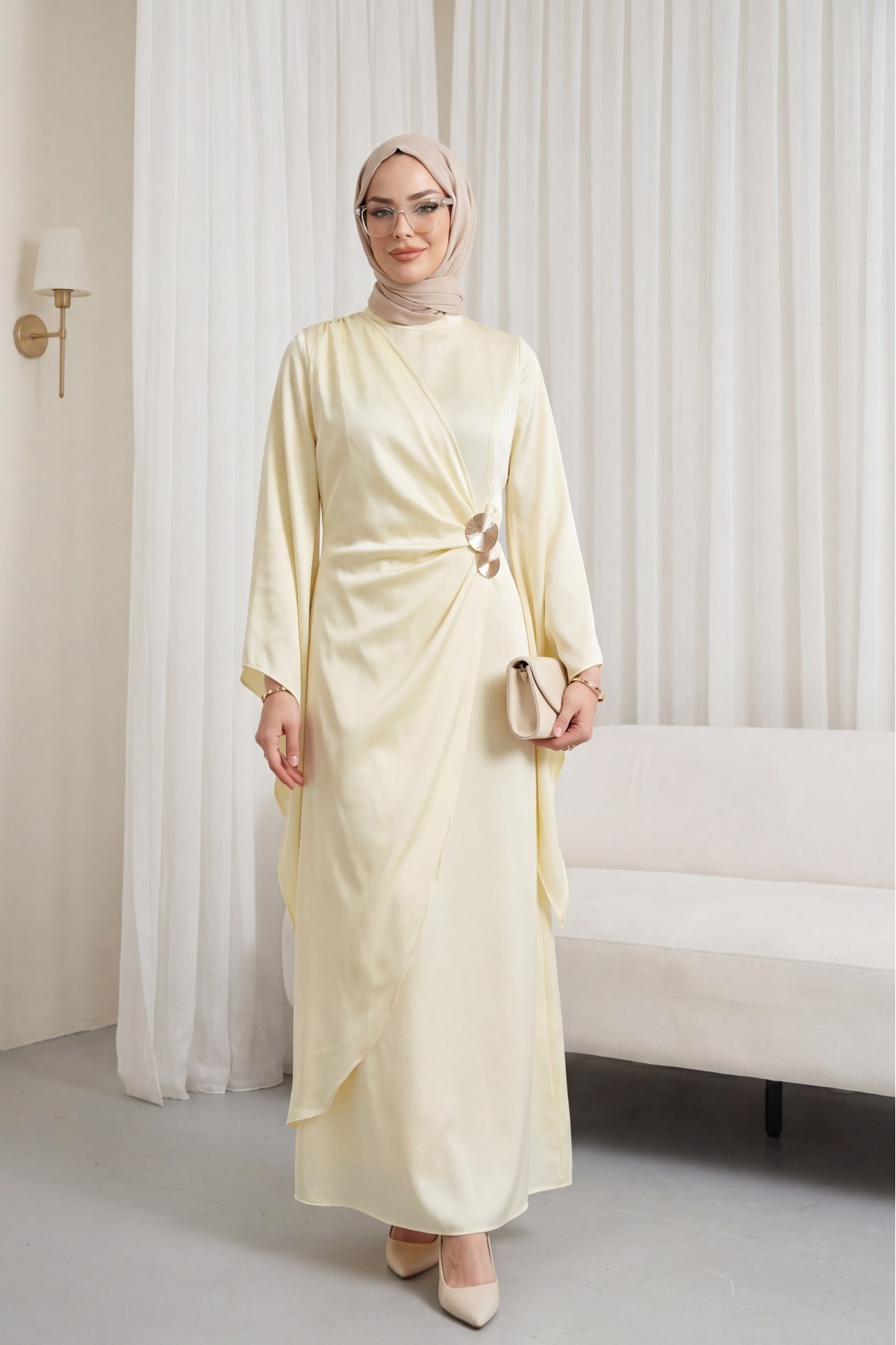 Buckle Detailed Double Front Asymmetrical Sleeve Satin Evening Dress -Ecru