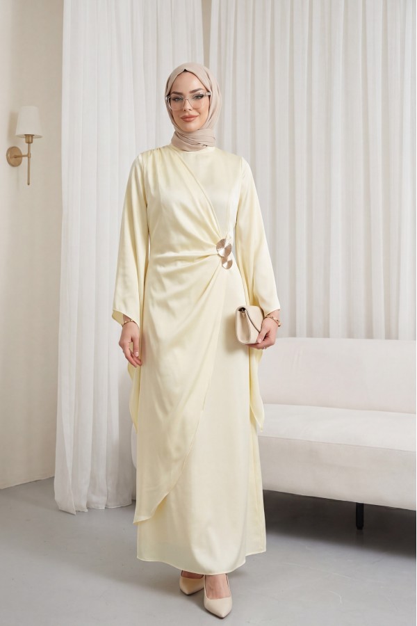 Buckle Detailed Double Front Asymmetrical Sleeve Satin Evening Dress -Ecru