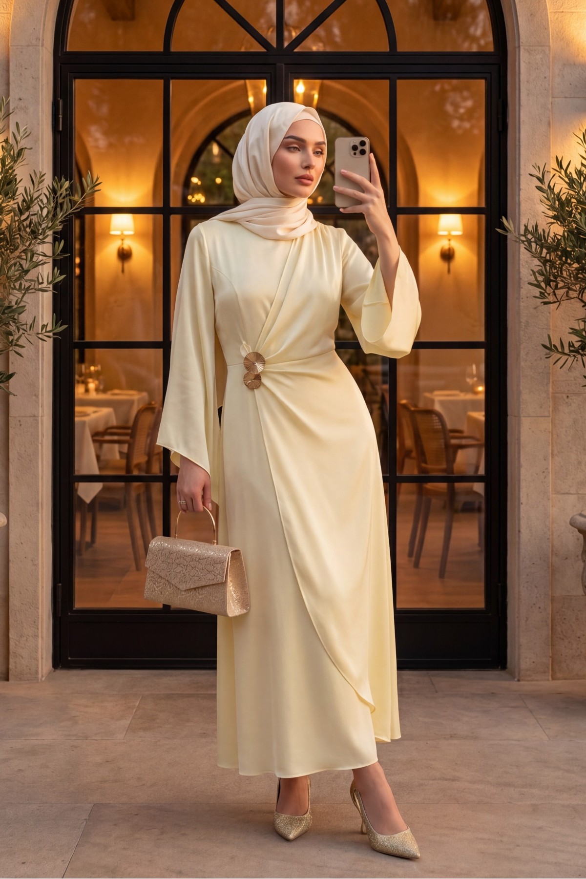 Buckle Detailed Double Front Asymmetrical Sleeve Satin Evening Dress -Ecru