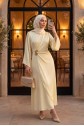 Buckle Detailed Double Front Asymmetrical Sleeve Satin Evening Dress -Ecru