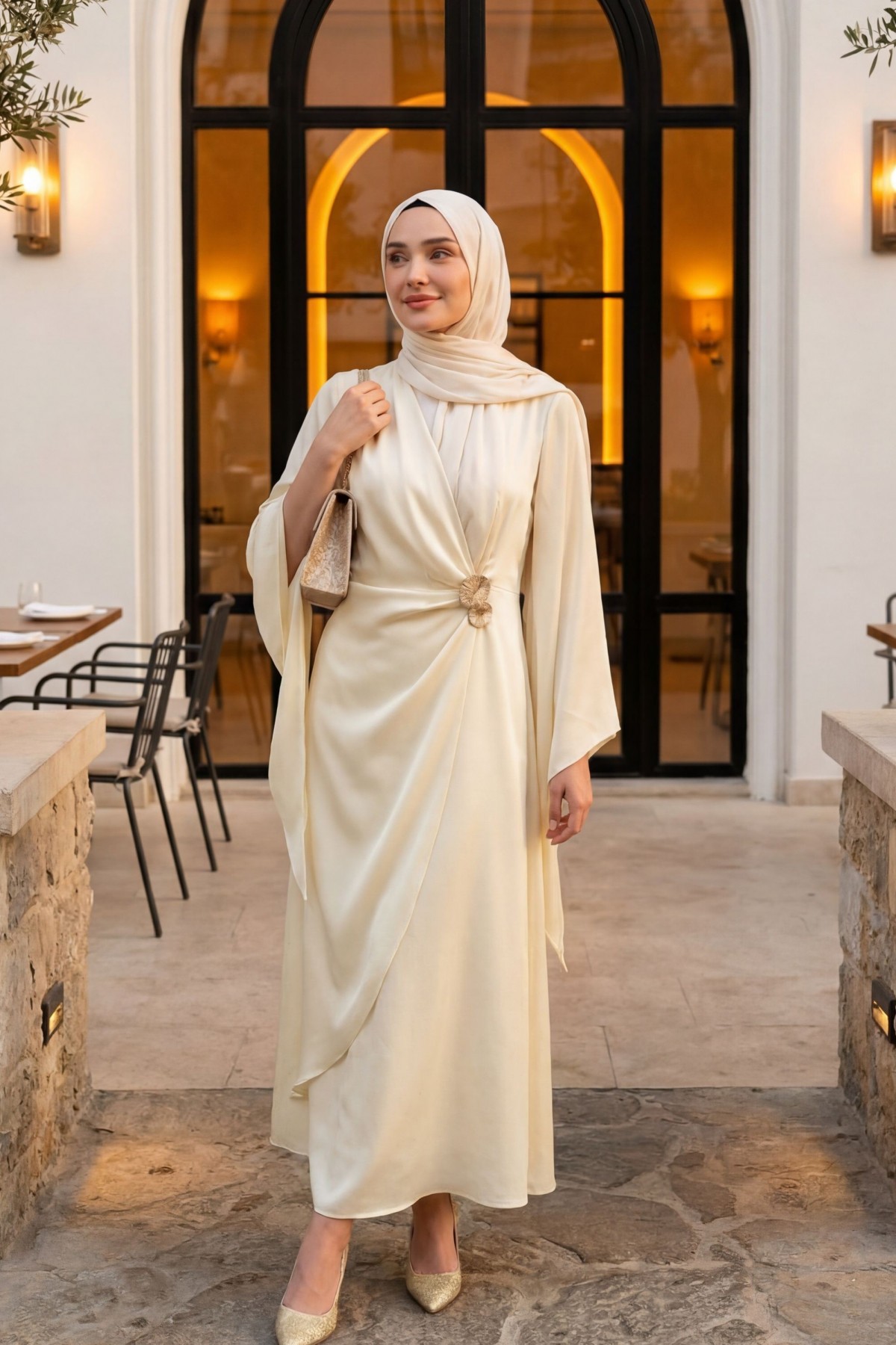 Buckle Detailed Double Front Asymmetrical Sleeve Satin Evening Dress -Ecru