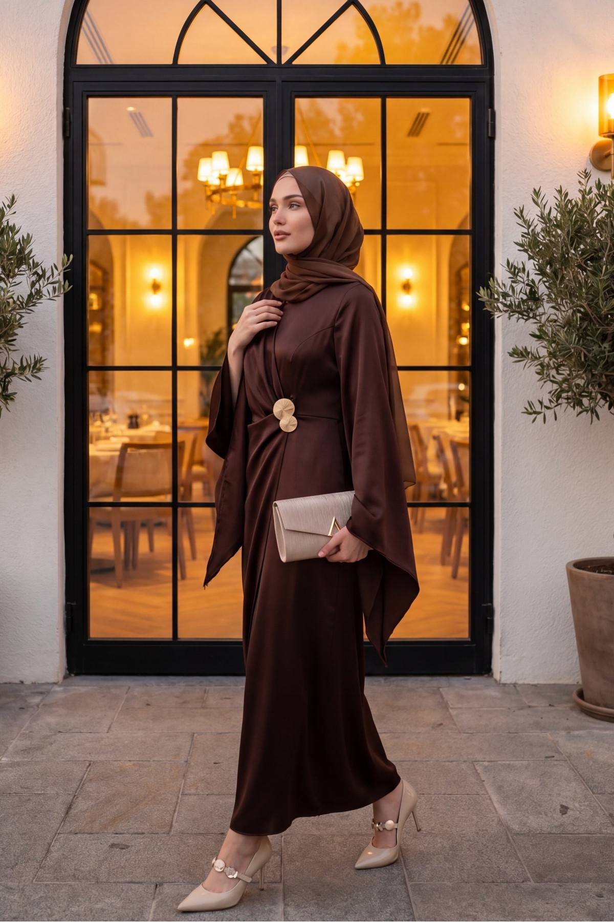 Buckle Detailed Double Front Asymmetrical Sleeve Satin Evening Dress -Brown