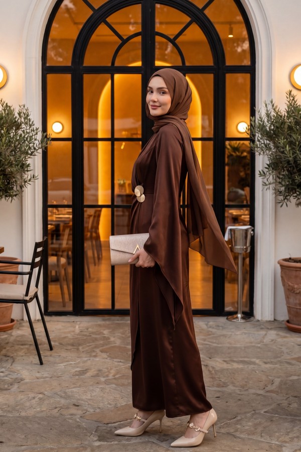 Buckle Detailed Double Front Asymmetrical Sleeve Satin Evening Dress -Brown