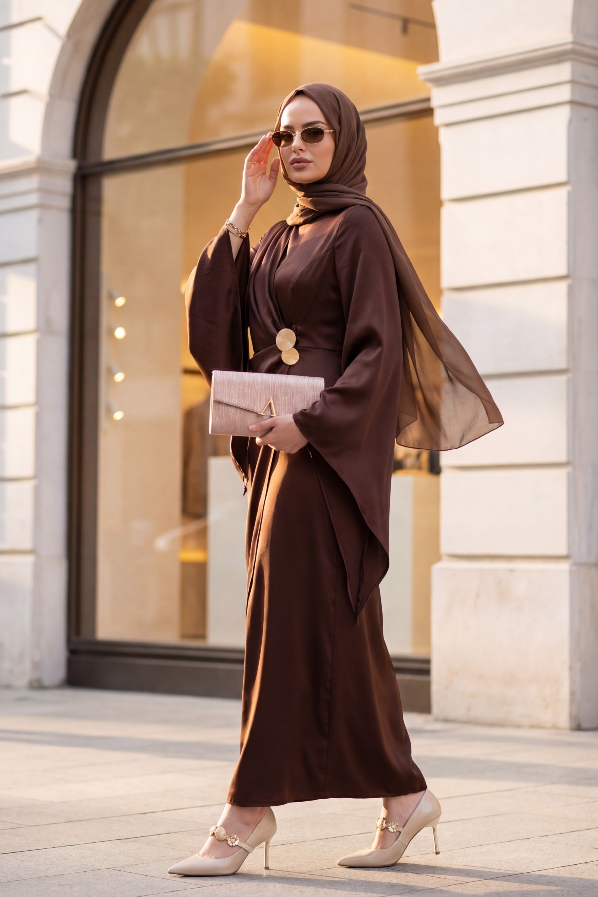 Buckle Detailed Double Front Asymmetrical Sleeve Satin Evening Dress -Brown