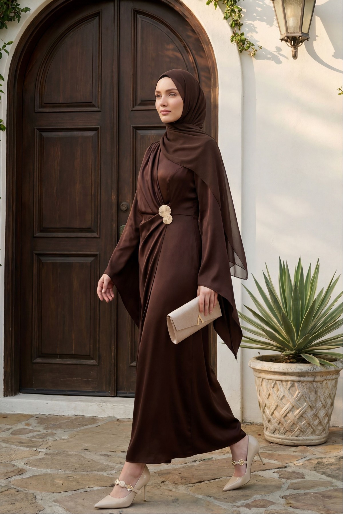 Buckle Detailed Double Front Asymmetrical Sleeve Satin Evening Dress -Brown