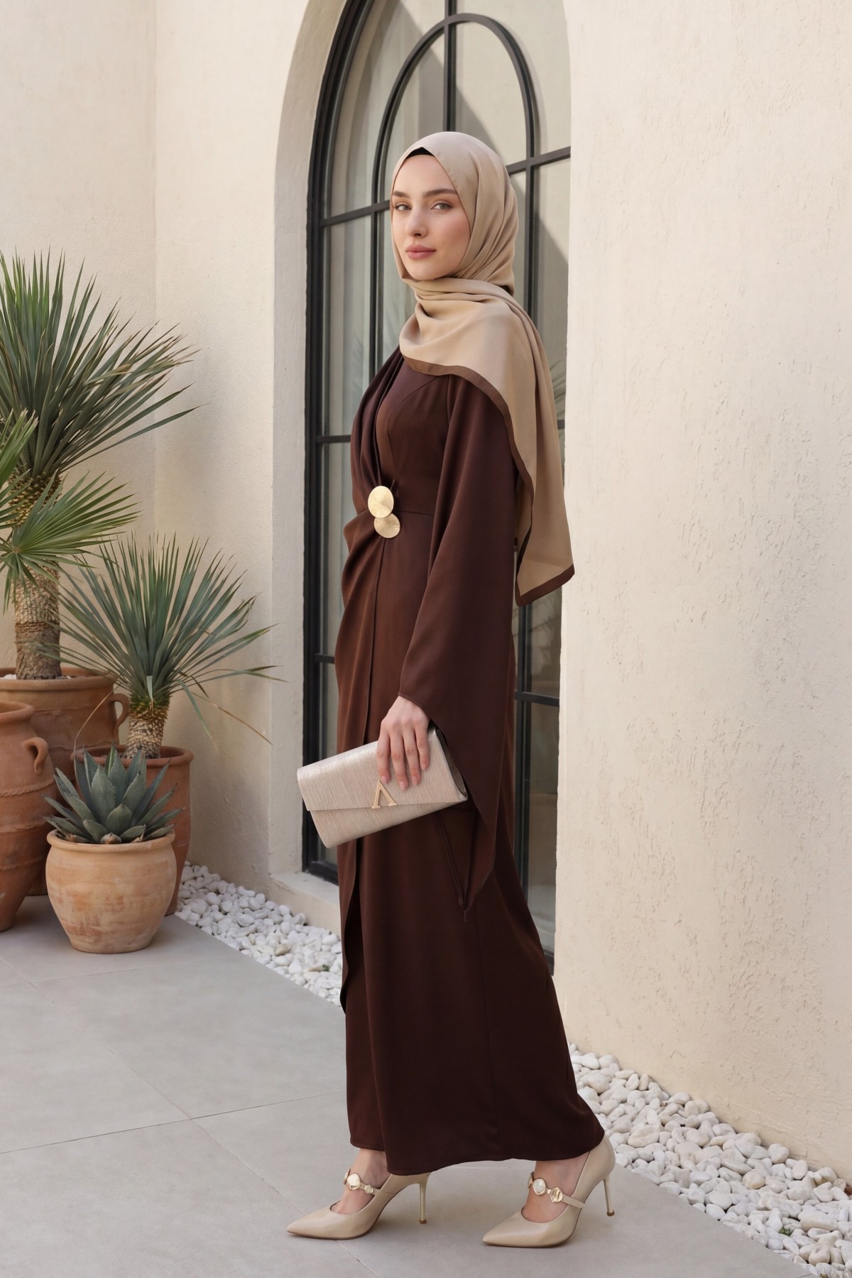 Buckle Detailed Double Front Asymmetrical Sleeve Satin Evening Dress -Brown detay görseli