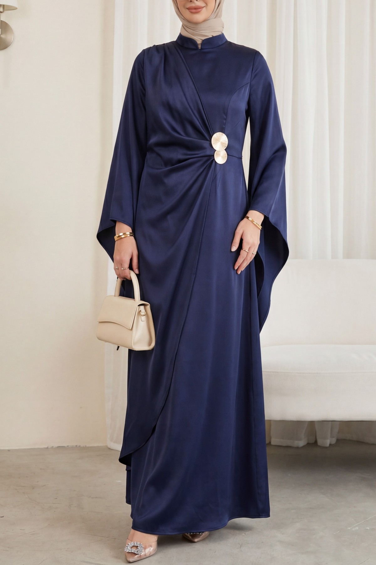 Buckle Detailed Double Front Asymmetrical Sleeve Satin Evening Dress -Navy blue detay görseli