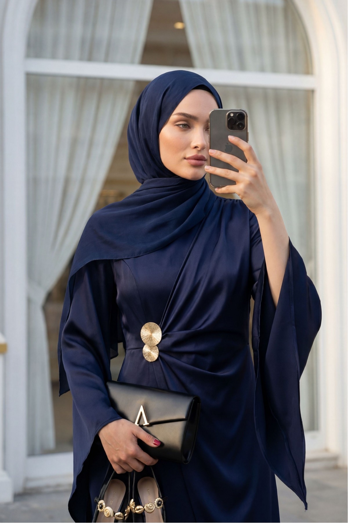 Buckle Detailed Double Front Asymmetrical Sleeve Satin Evening Dress -Navy blue