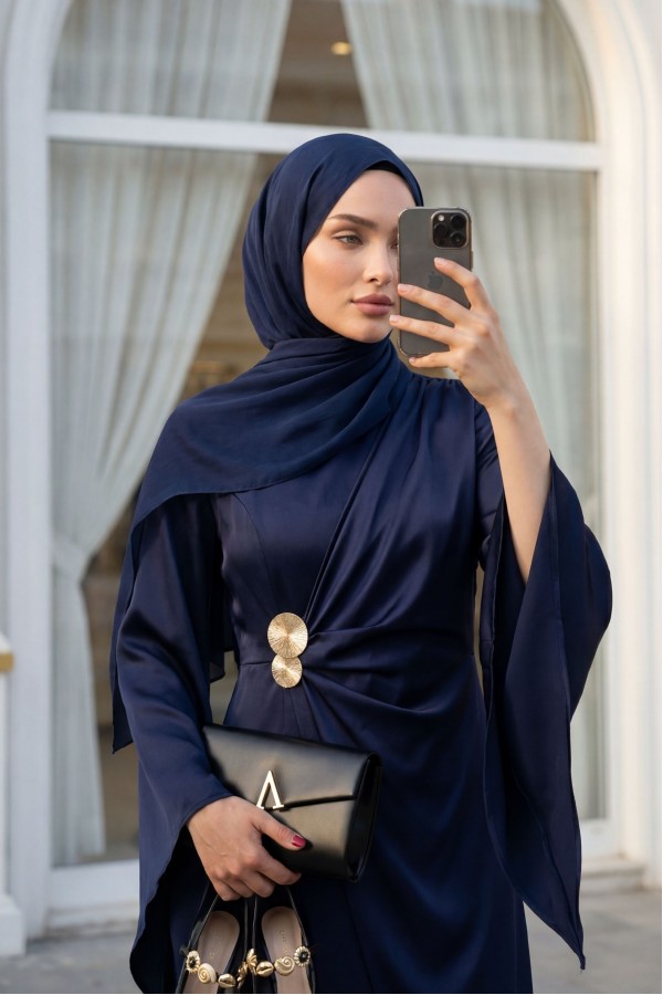 Buckle Detailed Double Front Asymmetrical Sleeve Satin Evening Dress -Navy blue