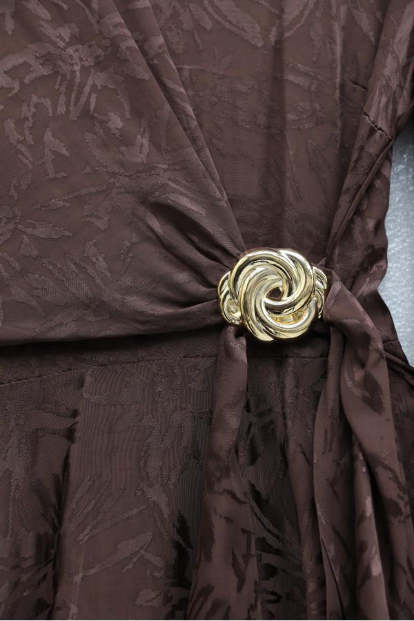 Long Evening Dress with Side Tie and Buckle Closure and Patterned Design -Brown