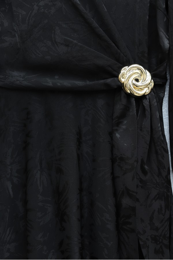 Long Evening Dress with Side Tie and Buckle Closure and Patterned Design -Black