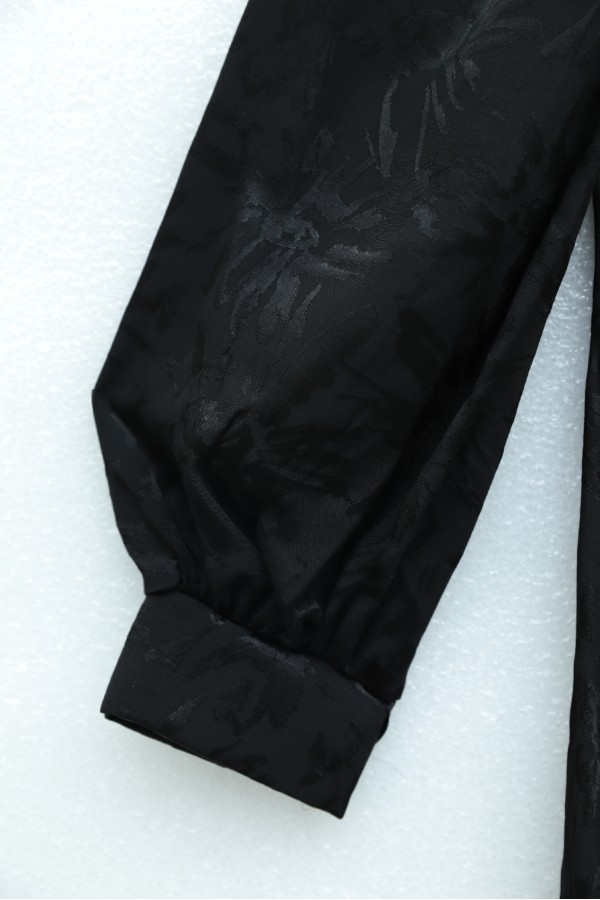 Long Evening Dress with Side Tie and Buckle Closure and Patterned Design -Black