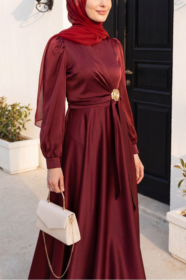 Satin Evening Dress with Side Tie and Buckle Waist  -Maroon