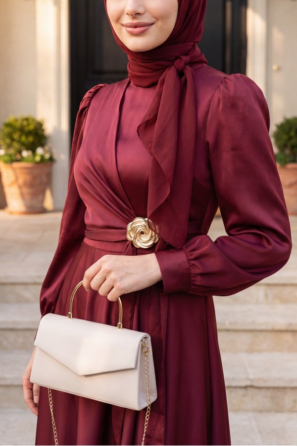 Satin Evening Dress with Side Tie and Buckle Waist  -Maroon