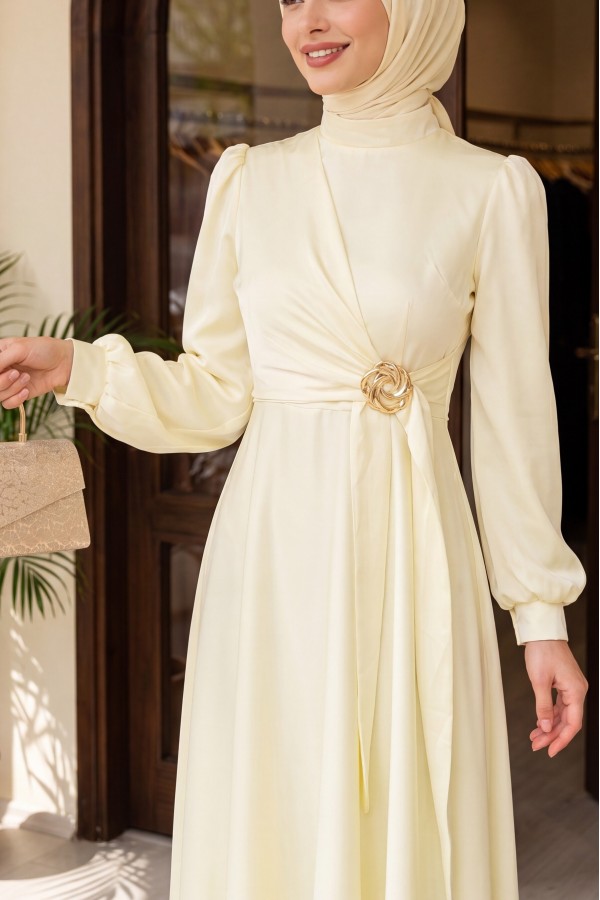 Satin Evening Dress with Side Tie and Buckle Waist  -Ecru