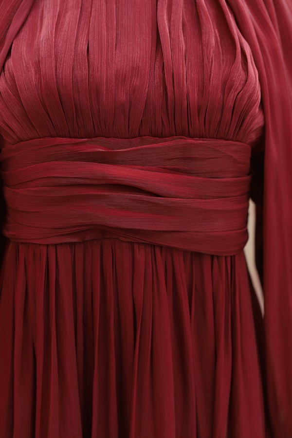 Draped Waist, Embellished Neckline, Cape Sleeves, Shimmering Chiffon Evening Dress -Maroon