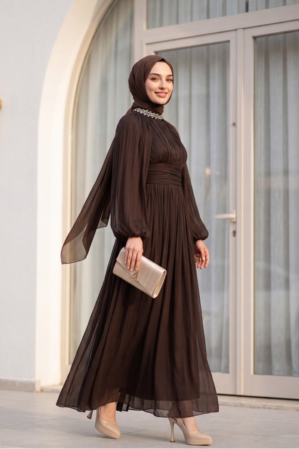 Draped Waist, Embellished Neckline, Cape Sleeves, Shimmering Chiffon Evening Dress -Brown