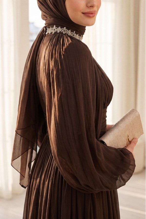 Draped Waist, Embellished Neckline, Cape Sleeves, Shimmering Chiffon Evening Dress -Brown
