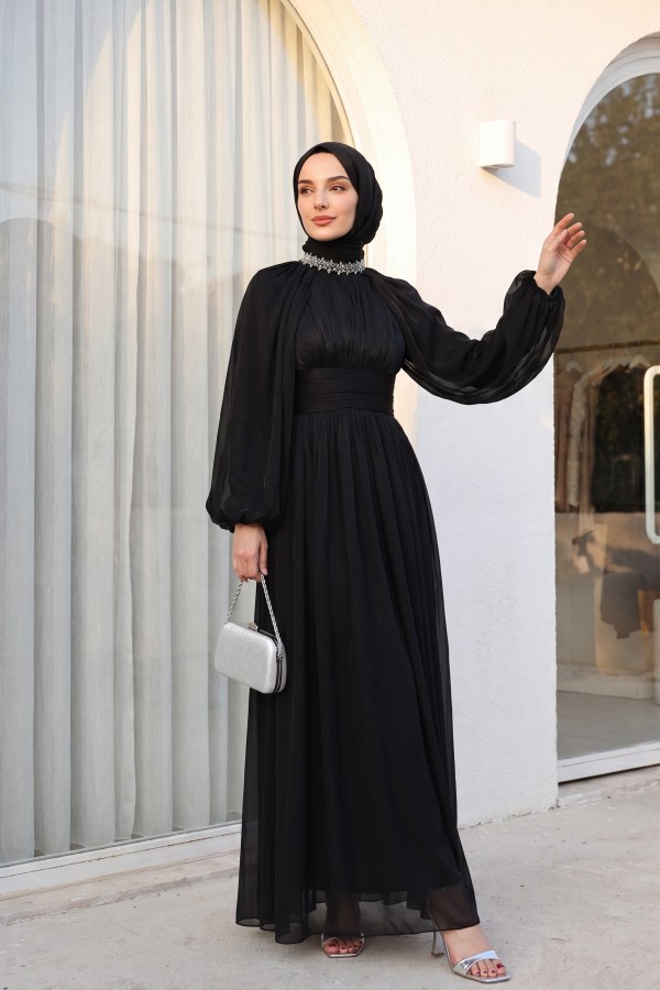 Draped Waist, Embellished Neckline, Cape Sleeves, Shimmering Chiffon Evening Dress -Black