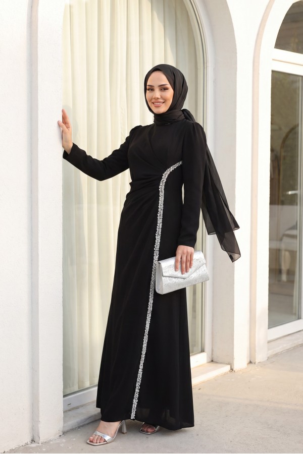 Crepe Evening Dress with Stone Embellishments on the Neckline and Sides -Black
