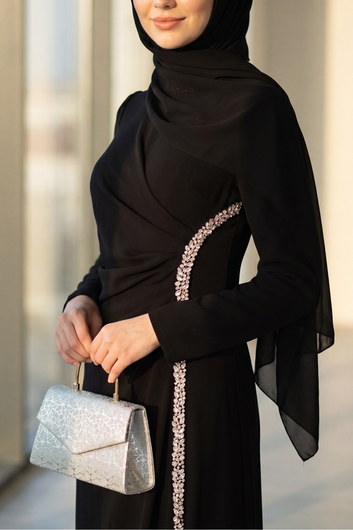 Crepe Evening Dress with Stone Embellishments on the Neckline and Sides -Black