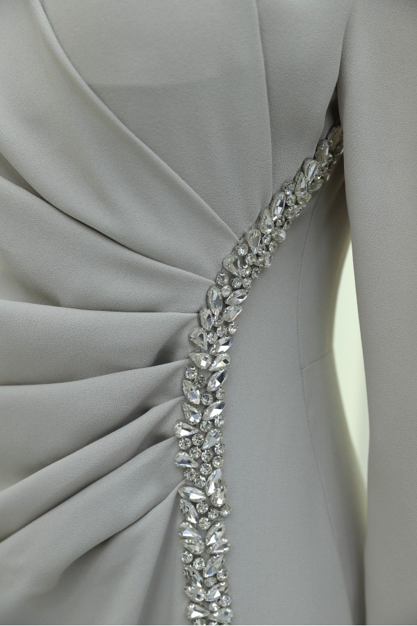 Crepe Evening Dress with Stone Embellishments on the Neckline and Sides -Stone