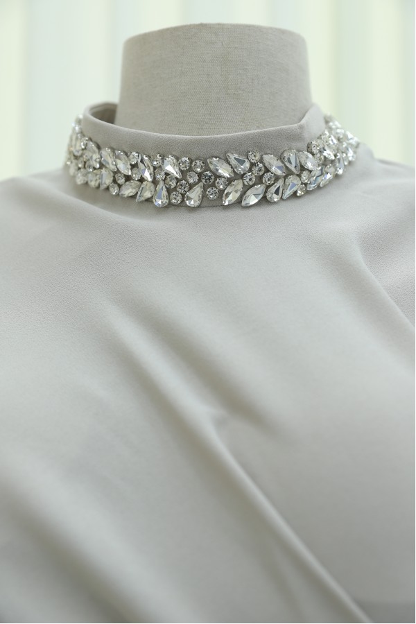 Crepe Evening Dress with Stone Embellishments on the Neckline and Sides -Stone