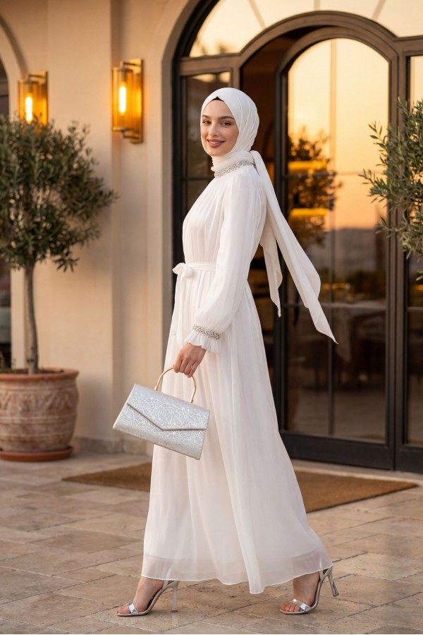 Sparkly Chiffon Evening Dress with Embellished Neckline and Sleeves and Belt -White