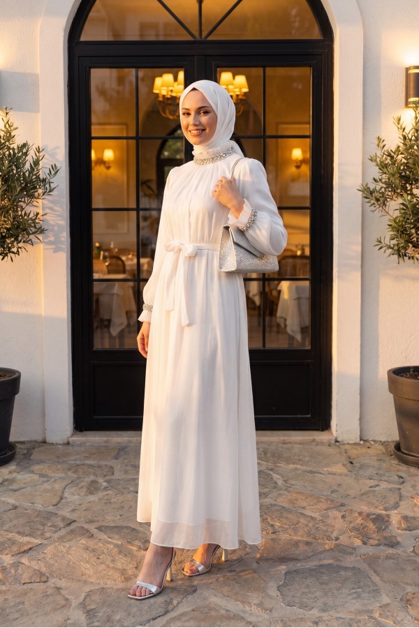 Sparkly Chiffon Evening Dress with Embellished Neckline and Sleeves and Belt -White