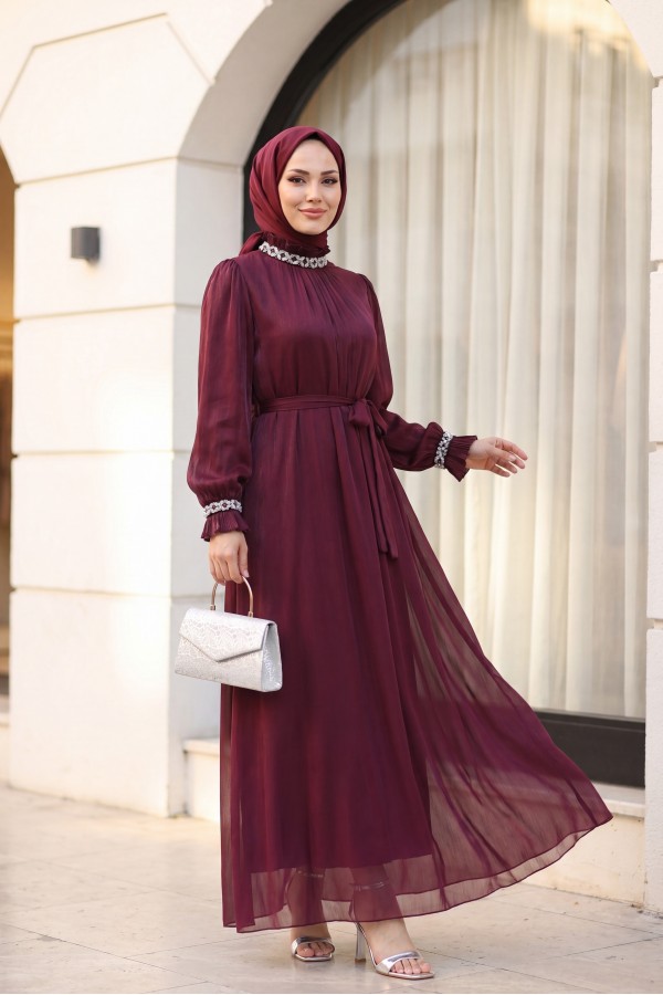 Sparkly Chiffon Evening Dress with Embellished Neckline and Sleeves and Belt -Damson