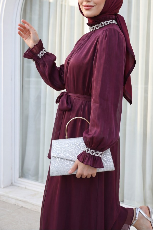 Sparkly Chiffon Evening Dress with Embellished Neckline and Sleeves and Belt -Damson
