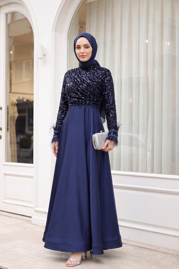 Sequined Top, Feathered Sleeves, Satin Skirt Evening Dress  -dark lacquer