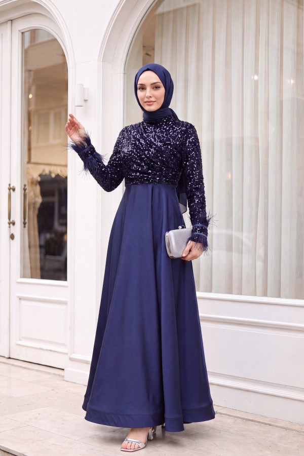 Sequined Top, Feathered Sleeves, Satin Skirt Evening Dress  -dark lacquer