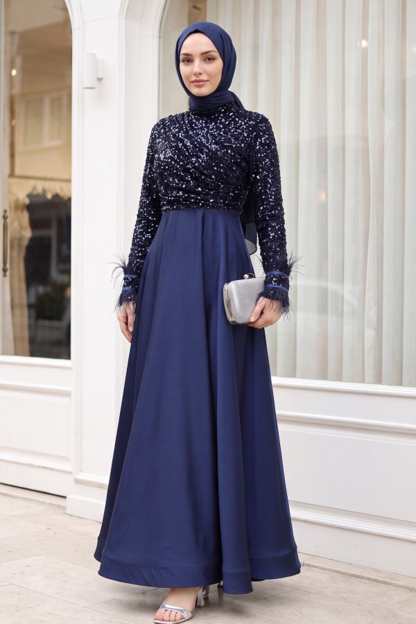 Sequined Top, Feathered Sleeves, Satin Skirt Evening Dress  -dark lacquer