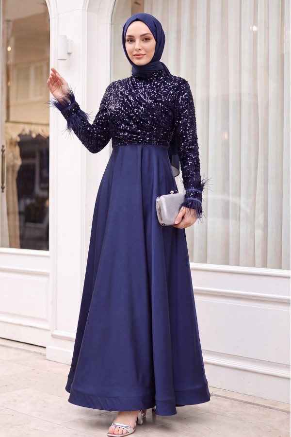Sequined Top, Feathered Sleeves, Satin Skirt Evening Dress  -dark lacquer