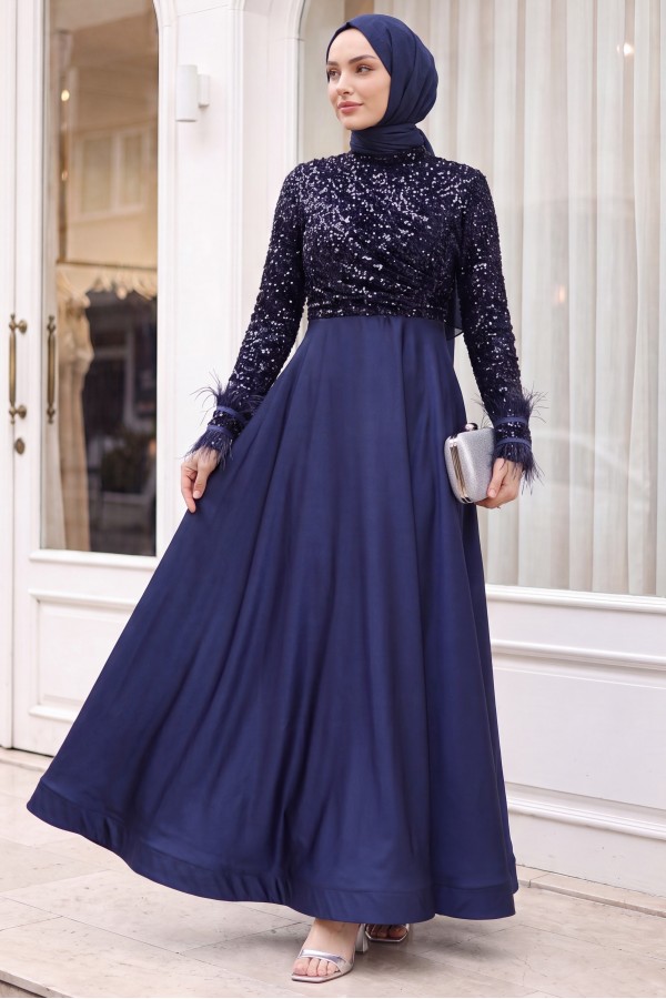 Sequined Top, Feathered Sleeves, Satin Skirt Evening Dress  -dark lacquer