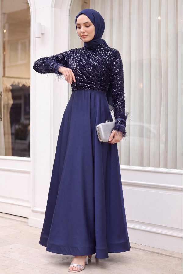 Sequined Top, Feathered Sleeves, Satin Skirt Evening Dress  -dark lacquer