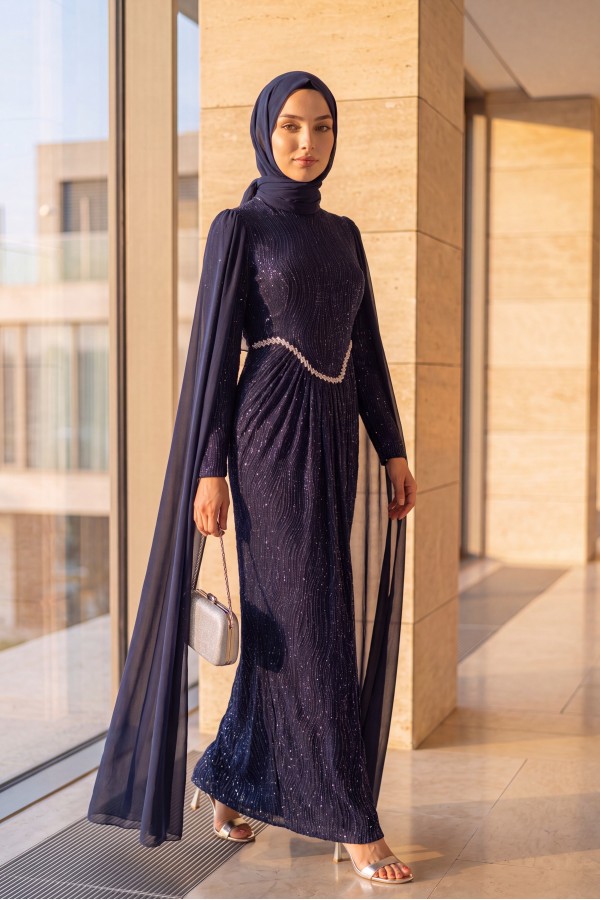 High Neck, Stone Detail Chiffon Cape, Lined, Glittery Jersey Evening Dress -Navy blue