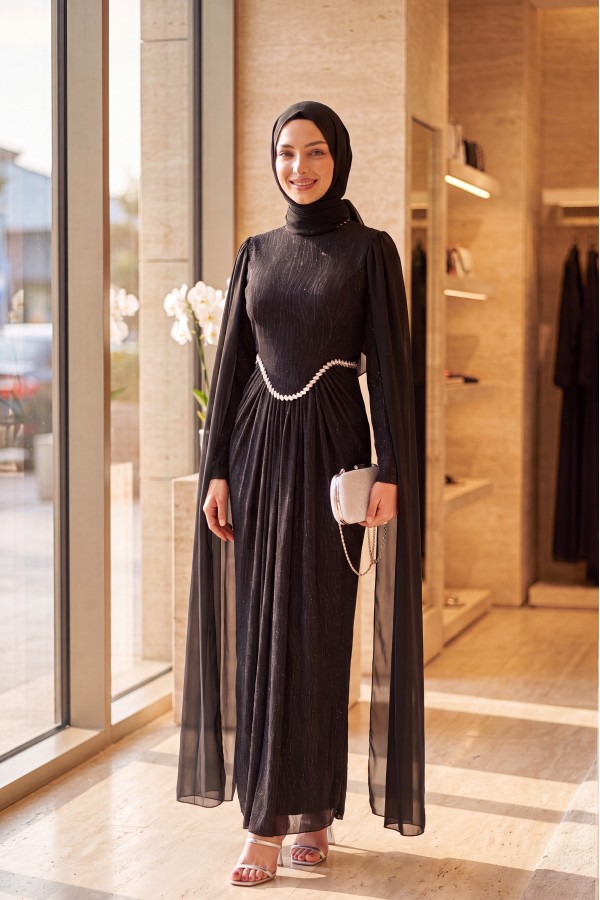 High Neck, Stone Detail Chiffon Cape, Lined, Glittery Jersey Evening Dress -Black