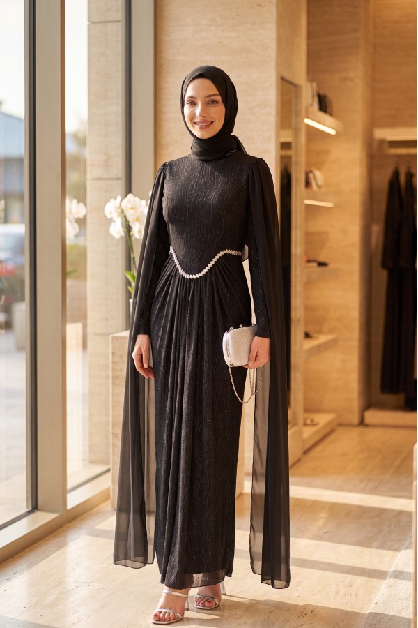 High Neck, Stone Detail Chiffon Cape, Lined, Glittery Jersey Evening Dress -Black