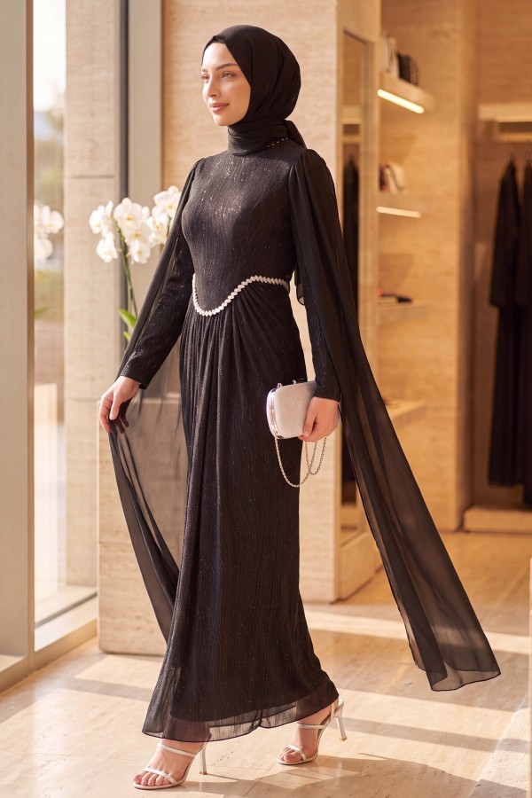 High Neck, Stone Detail Chiffon Cape, Lined, Glittery Jersey Evening Dress -Black
