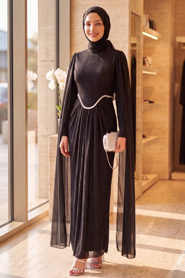 High Neck, Stone Detail Chiffon Cape, Lined, Glittery Jersey Evening Dress -Black